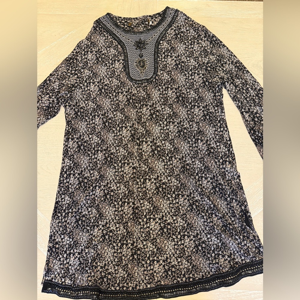 Boho Black Tan and White Midi Dress Beaded Accents